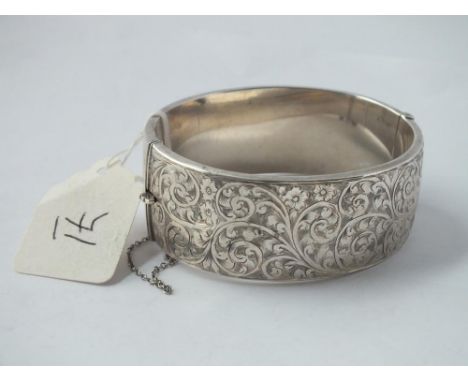 Wide scroll engraved silver bangle 41g     