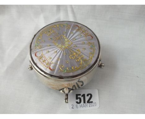 Circular ring box with multi-colour enamel cover, 4 pad feet   2.3/4” diameter B’ham 1912 by E&amp;Co     