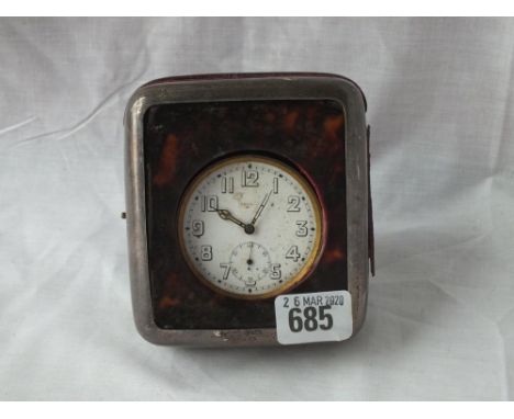 Travelling clock in a silver and tortoise shell case – 1902 – 4.5” high 