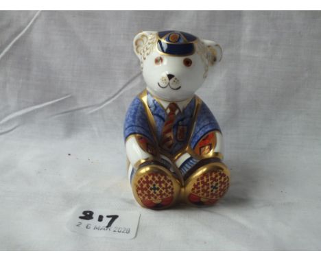 Seated school boy teddy with gold button – 3.5” high   