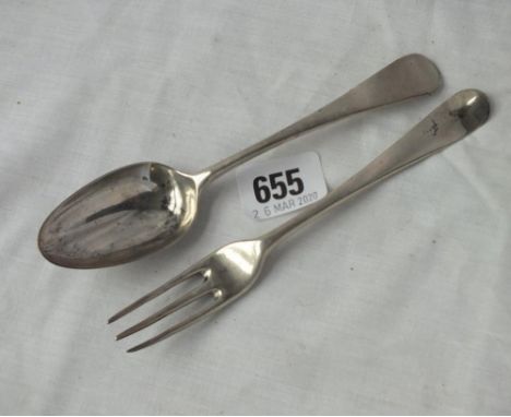 George III 3 prong fork - 1784 &amp; a bottom marked dessert spoon   1773 - By TC?        