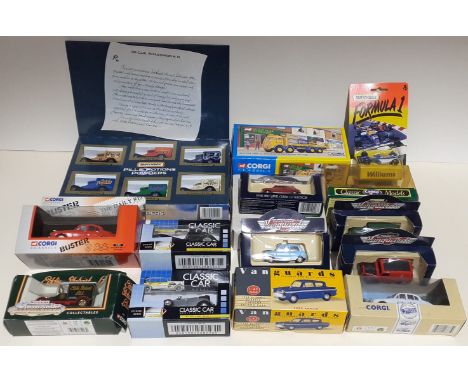 A box containing various die-cast model vehicles including Corgi, Matchbox and Vanguard, all boxed.