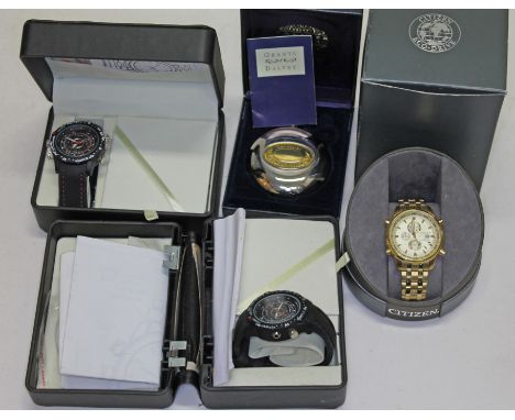 A Citizen Eco-Drive wristwatch together with two Digital Video Watches and a reproduction compass style 'Voyager Clock". 