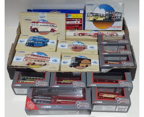 A box containing various Corgi die-cast model buses, all boxed. 