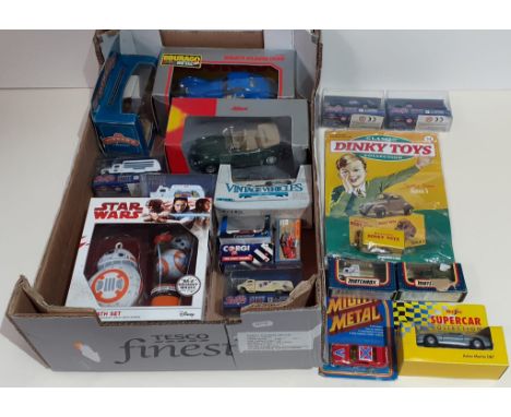 A box of boxed die-cast model vehicles including Fred Dinbah steam, Matchbox, Schuco, Dinky, Star Wars etc.  