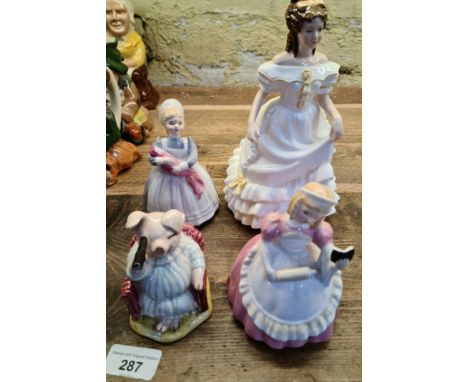 A group of three Royal Doulton lady figurines and a Beswick Beatrix Potter model "Little Pig Robinson Spying".  