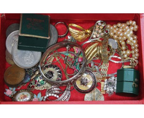 Assorted costume jewellery including a hallmarked silver bangle, jewellery boxes, coins etc. 