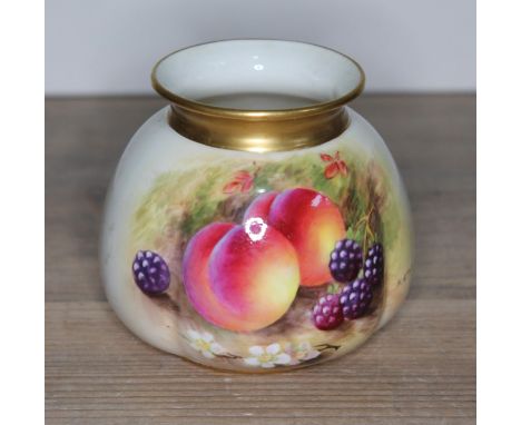 A Royal Worcester fruit painted squat vase signed H Ayrton, height 8cm.  Condition - good, no chips, cracks nor any restorati