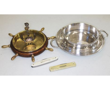 Shipping collectables comprising a brass and oak ashtray modelled as a ship's wheel with enamel badge inscribed 'M.V. Bloemfo