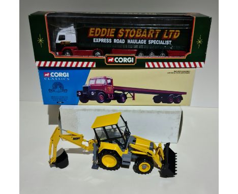 A box containing two Corgi die-cast model model vehicles and a die-cast model digger. 