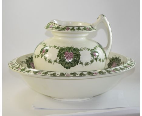 Wedgwood Large Wash Basin and Jug with Soap Dish Autumus design on white ground with green and purple leaf and grape design