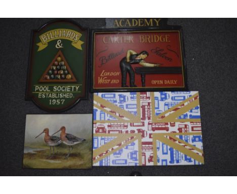 Decorative Carved Signs, including Billiards and Pool Society, established 1957, Academy Carter Bridge Billiard Saloon, Art C