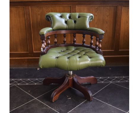 Captains Desk Chair with Green Button Back Leather Upholstery and Adjustable Height Control. Expensive New. 32.5 Inches High.