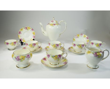 Paragon Fine China Tea Set.  Comprising tea pot, sugar bowl, milk jug, 6 cups and saucers, yellow and pink floral decoration 