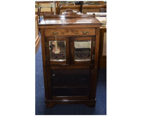 Edwardian Rosewood Side Cabinet, Single Drawer Above Mirrored Cupboard And Glazed Fronted Shelf/Bookcase, Inlaid To Front. He