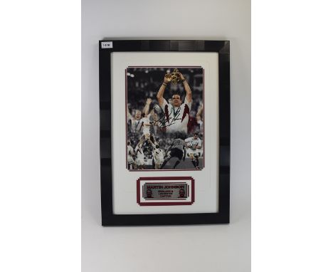 Rugby Union Interest. Signed photo montage of Martin Johnson, England & Leicester Captain. Black frame & glazed. Ideal collec