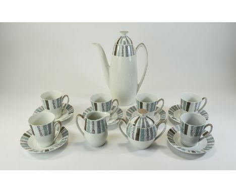 Burleigh Ware Retro 1950's ( 15 ) Piece Coffee Set. Comprises Coffee Pot, 6 Cups and Saucers, Milk Jug and Sugar Bowl. All Pi