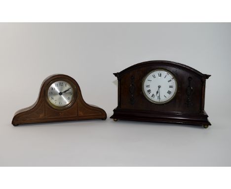 A Good Pair of Oak Cased Early 20th Century French and English 8 Day Mantle Clocks, The Napoleon Shaped Hat Mantel Clock with