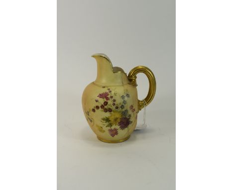 Royal Worcester Blush Ivory Helmet Shaped Jug, Painted ' Spring Flowers ' Date 1900, Reg No 29115, Shape 1094. Stands 6.5 Inc