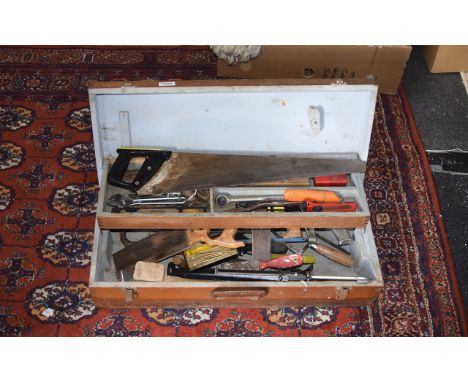 Early / Mid 20th Century Toolbox comprising mixed assorted hand-tools, various ages to include mallets, set squares, ratchet 