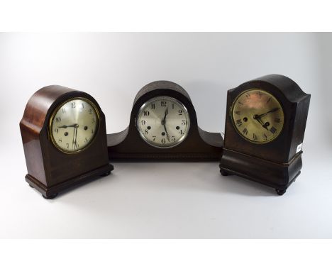 Three Mid 20thC Mantle Clocks comprising oak faced German Clock, made in Wurttemberg, silvered dial with Roman numerals,Oak c