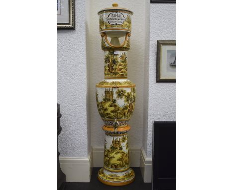 Large Spanish Majolica Water Filter, Yellow, Ochre and Blue Landscape and Castle on a White Background, Panel to Top Reads ''