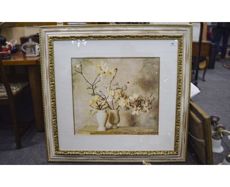 Large Modern Print - Vased Magnolia branches in gilt distressed effect frame. Strung Ready for hanging. Frame 42" x 40"