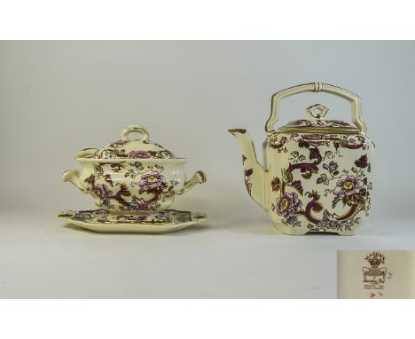 Masons - Ironstone Printed and Hand Painted Large Lidded Teapot ' Mandalay Red ' Pattern. Mint Condition. 9 Inches High + a M