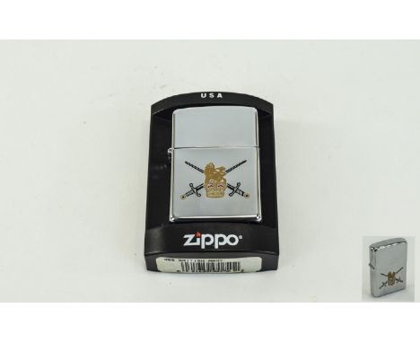 Zippo- Windproof Chrome Lighter With British Army Crest To Front. Made In USA. Mint - Unused Condition.