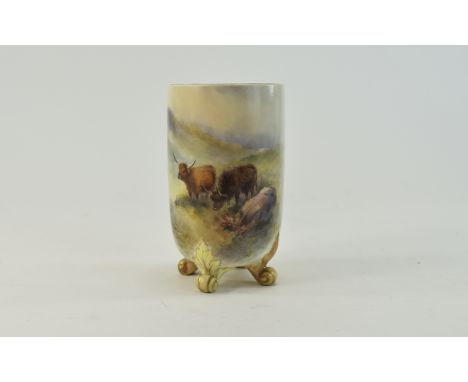 Royal Worcester Signed Highland Cattle Small 4 Footed Vase ' Highland Cattle ' Signed H. Stinton. Date 1912. 4.5/8 Inches Hig