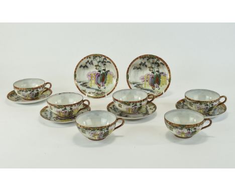 Japanese Fine Early 20th Century Satsuma Set of Six Cups and Saucers, Decorated with Images of Japanese ladies In a Garden Se