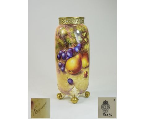 Royal Worcester Hand Painted Reticulated Vase ' Fallen Fruits ' Stillife. Signed Freeman. Nice Quality Worcester Vase. Standi