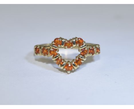 Ladies Heart Shaped 9ct Gold - Orange Sapphire Set Dress Ring. Fully Hallmarked for 9ct. Ring Size 0-P. 