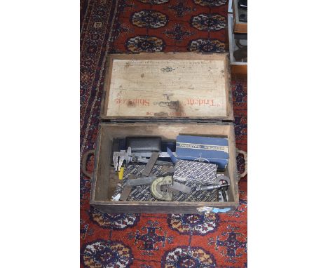 Early / Mid 20th Hinged Box Of Measuring Tools & Gauges. Interesting wooden box for Walker's Trident Ship Log containing an a