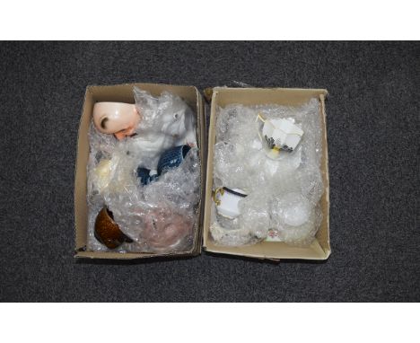Boxes Of Miscellaneous Pottery Includes Shelley Trio, Queen Anne shape in sunrise and Tall Trees pattern 11678. Also, Nat Wes