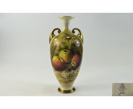 Royal Worcester Hand Painted Two Handle Vase ' Fallen Fruit ' Apples. Signed Ricketts. Date 1924. Height 6.75 Inches. Small C