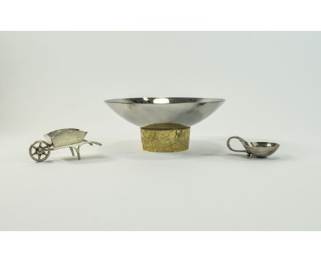 Stuart Devlin Designed Stainless Steel Footed Bowl. 2.25 Inches High, 5.25 Inches Diameter + a Georg Jensen Silver Small Cadd