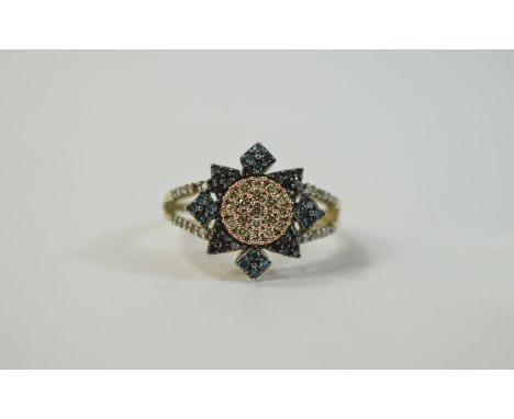 9ct Gold Blue & White Diamond Cluster Ring, Flower Head Setting, Fully Hallmarked, Ring Size O