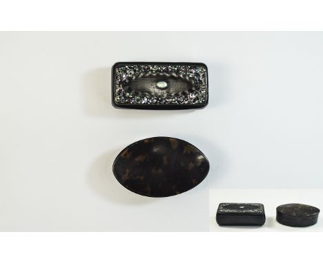 Early 19th Century Black Lacquered - Hinged Snuff Box, with Mother of Pearl Inlay Decoration. 3 Inches Wide + a 19th Century 