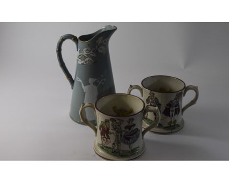Three Items of Early to Mid 19th Century Pottery comprising a pair of 'Frog Mugs', each with transfer printed and hand colour