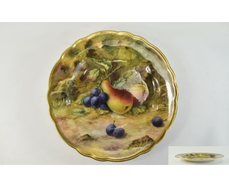 Royal Worcester Hand Painted and Signed Cabinet Plate ' Fallen Fruits ' Stillife - Pearls and Grapes. Signed T. Lockyer. Date