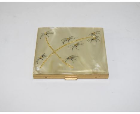 Ladies Gilt Metal Compact, The Front With Mother Of Pearl Finish With Applied Gilt & Painted Spiders, appears unmarked.