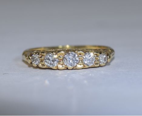 Antique 18ct Gold Five Stone Diamond Ring. The Diamonds of Good Colour. Fully Hallmarked. Ring Size M-0. 