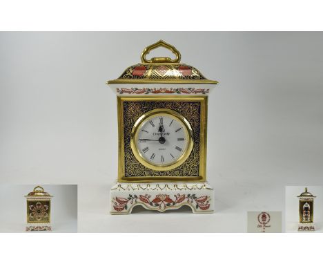 Royal Crown Derby Old Imari Very Fine Carriage Clock with 22ct Gold Finish and Finely Detailed Decoration. Date 1996. Height 