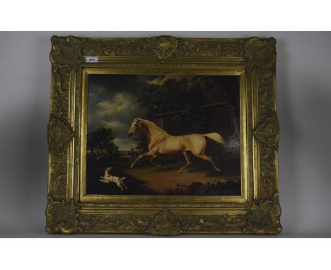 Modern Lacquered Print, Horse And Dog At The Side of An Estate, Moulded Swept Gilt Frame, Overall Size 25x29 Inches