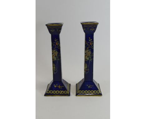 Carlton Ware W. Robinson Pair of Candlesticks, They are Decorated In The Rare Blue and Enamel Chinoiserie Pattern Called Bask