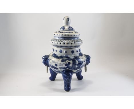 Oriental Blue & White Tripod Censer, Lion mask Ring h Handles. Height 12 Inches