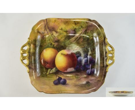 Royal Worcester Hand Painted Twin Handle Cabinet Plate / Dish ' Fallen Fruits ' Stillife - Apples and Grapes. Date 1922, Sign