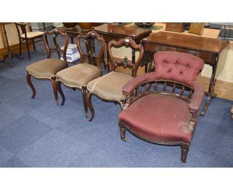 Four Chairs 3 Victorian dining chairs and 1 Bedroom chair. 3 dining chairs with ornate scroll carved backs. Bedroom chair uph