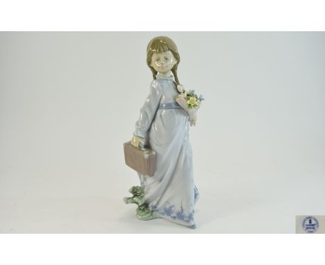 Lladro Collection Society Members Figure for 1988 ' School Days ' Girl with Bag and Flowers. Model No 7604. Sculptured by Ant